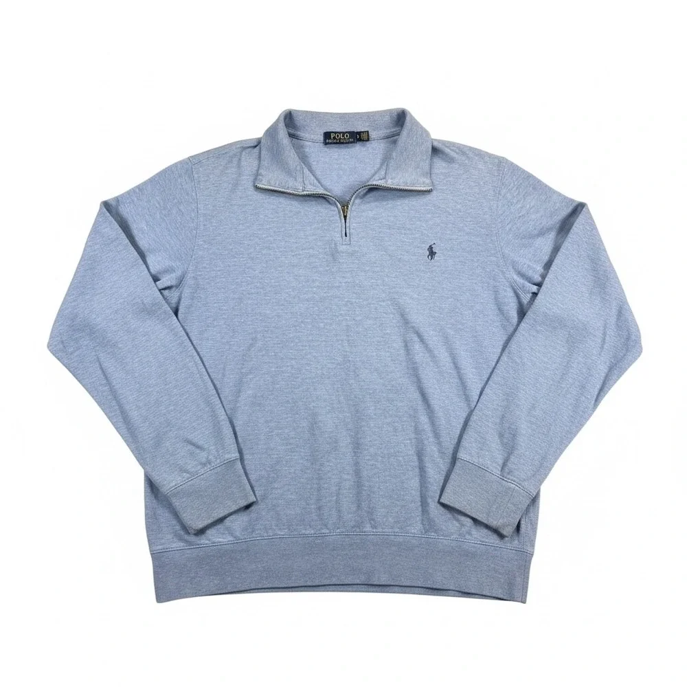 Polo Ralph Lauren Mens Large Blue Heathered Quarter Zip Pullover Sweater